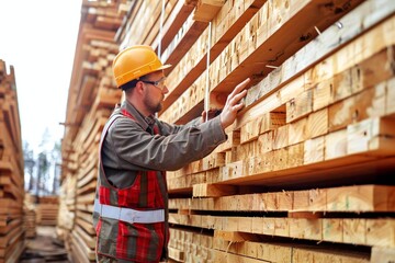Full body photo of mature male Caucasian lumberjack inspecting stacked wooden planks in a lumberyard.