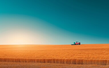 Fototapeta premium A harvester working in a wheat field under a clear blue sky during the golden hour, with a red and white color theme