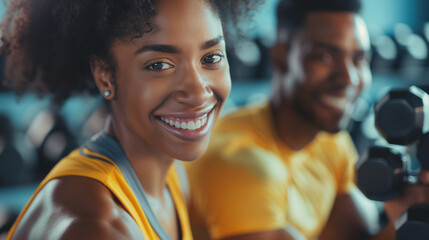 Fototapeta premium A close-up shot of a happy athletic couple exercising with hand weights in a lunge position at the gym, their faces showing determination and joy, with the blurred background of gym equipment