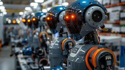 Fototapeta premium Industrial Innovation A high-tech robotics lab with various robot prototypes, showcasing advancements in robotics and automation. Realistic Photo,