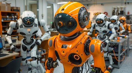 Fototapeta premium Industrial Innovation A high-tech robotics lab with various robot prototypes, showcasing advancements in robotics and automation. Realistic Photo,