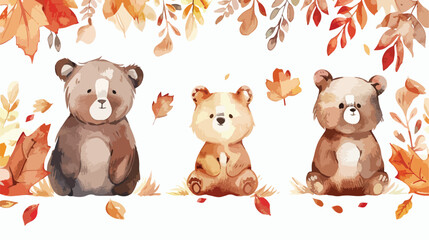 Watercolor Illustration cute autumn bears and falling