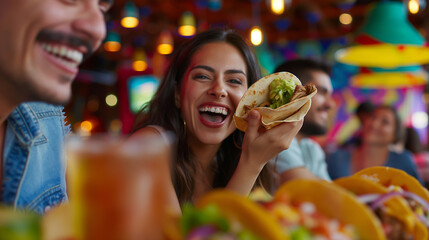 Smiling woman eating a taco at a mexican restaurant with friends