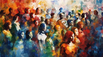 Inclusive Profiles: Abstract Painting of Diverse Crowd People Gathering