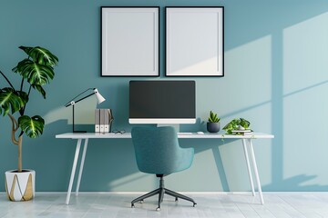 Set up a computer desk with a blue light chair and two empty white photo frames above it