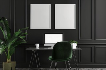 Set up a computer desk with a dark green chair and two empty white photo frames above it