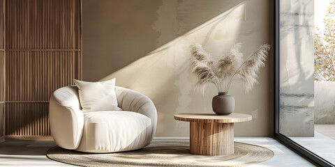 Round wooden coffee tbale near wooden sofa with beige pillows. Scandinavian home interior design of modern living room.