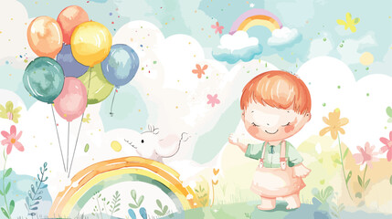 Watercolor illustration cute baby boy and balloons 