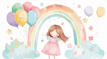 Watercolor illustration cute baby girl and balloons
