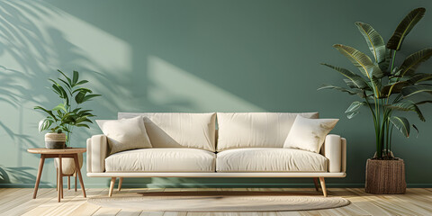 Modern living room design, Wooden furniture with warm cozy feeling, bright neutral colors