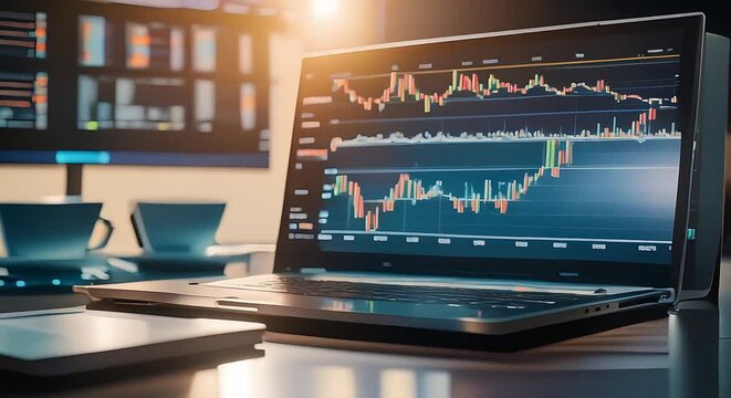 A laptop running advanced trading algorithms for cryptocurrency, illustrating the use of high-tech computing power to execute trades and manage portfolios automatically.