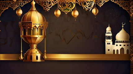 golden mosque and Islamic lamp design background for Eid Mubarak Banner