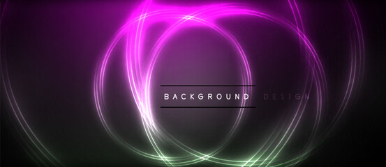 Neon glowing circle rays, light round lines in the dark, planet style neon wave lines. Energetic electric concept design for wallpaper, banner, background
