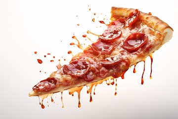 a slice of pizza with sauce splashing