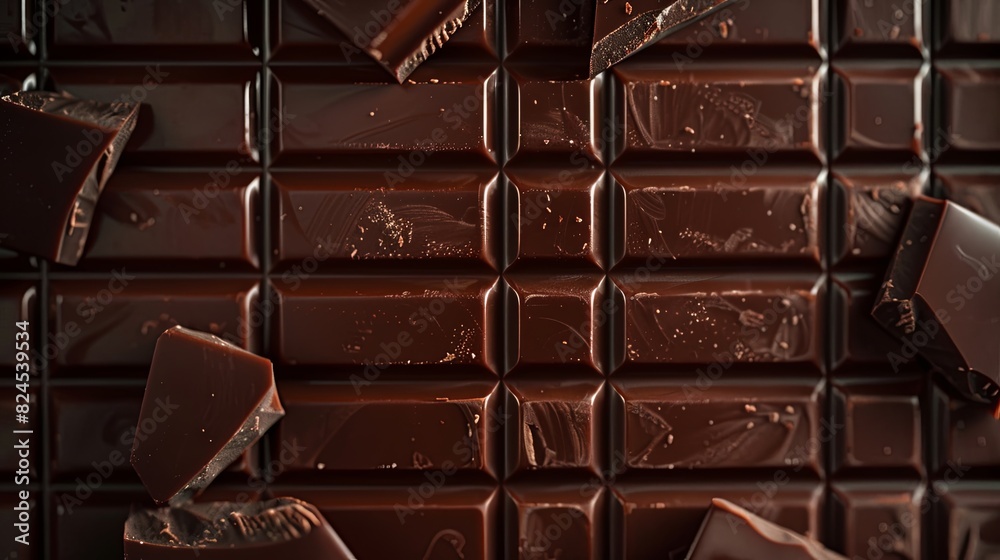Aufkleber Detailed close-up of a dark chocolate bar with visible break lines and a perfectly even surface. Generative AI