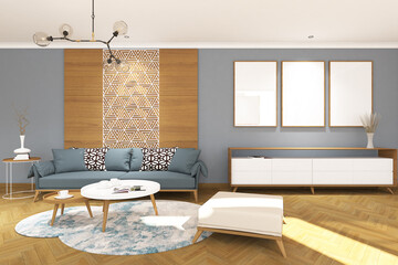 3d render illustration of scandinavian living room  wih frame mock up. Blue wall background 5