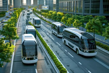 Naklejka premium Autonomous Vehicle , white autonomous public bus service, Generative AI