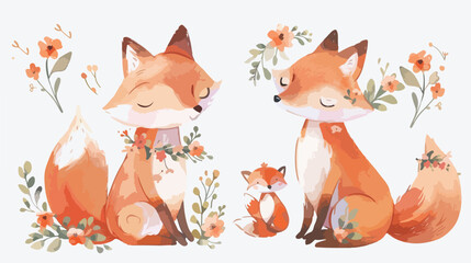 Watercolor illustration Cute mom and baby fox 