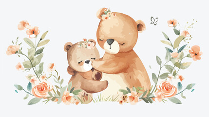 Watercolor illustration Cute mom and baby bear 