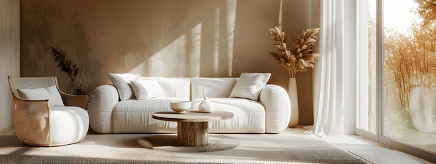 Round wooden coffee tbale near wooden sofa with beige pillows. Scandinavian home interior design of modern living room.