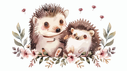 Watercolor illustration Cute mom and baby hedgehog 