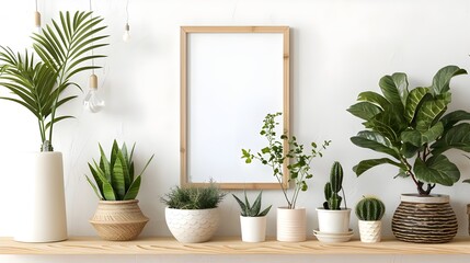 Beautiful plants in various hipster and design pots surround a brown bamboo shelf in this mock-up photo frame of a Scandinavian interior design. white walls. A fresh and blooming idea for shelves 