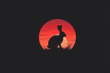 a rabbit sitting in grass and a red sun