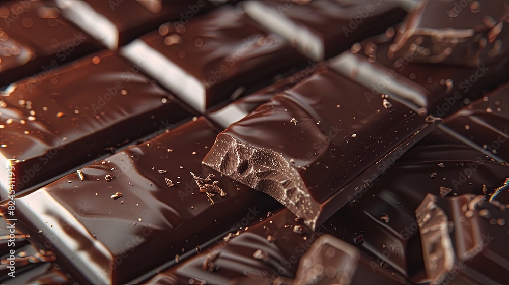 Poster detailed view of a smooth chocolate bar, showcasing its break lines, dark color, and even surface. g