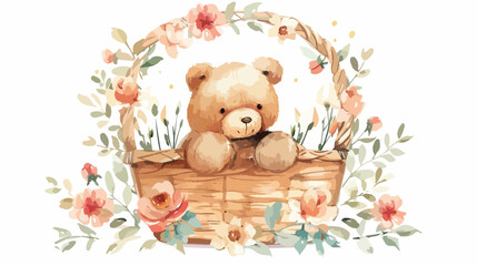Watercolor Illustration cute teddy bear in basket wit