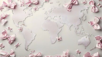 Softly Radiant Pink Ribbon Constellation on Muted World Map for Breast Cancer Awareness