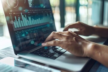 Close-up of a business analyst's hands typing on a laptop with data graphs displayed on the screen, captured in photorealistic detail