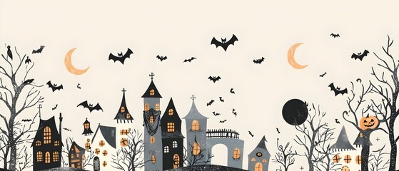 Stylized Spooky Halloween Doodle Border with Haunted Houses Bats and Crescent Moons Clean Contemporary Design with Blank Space for Copy