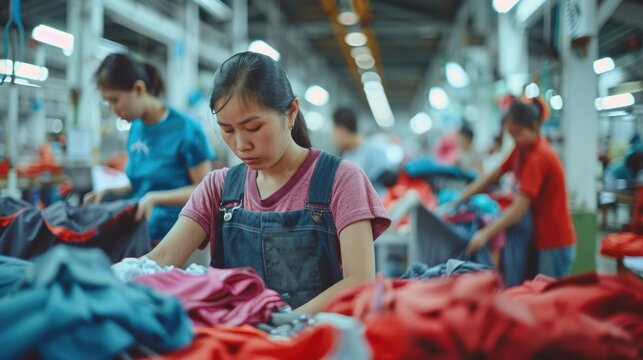 Garment Factory: Asian Worker Folding Colorful Clothing with Copy Space