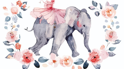 Watercolor Illustration Elephant Ballerina and flower