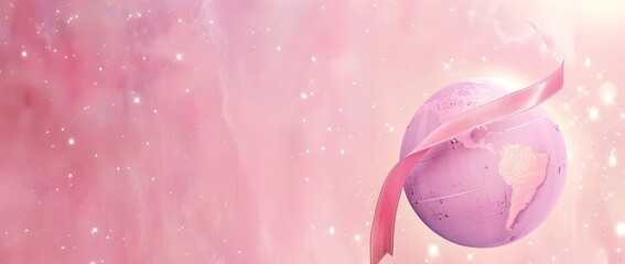 Serene Pink Constellation of Breast Cancer Awareness Ribbons Embracing the Globe with Blank Copyspace