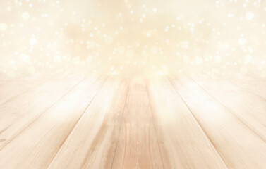 Pinewood wooden floor background with bokeh lighting effect 