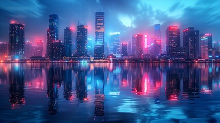 Fototapeta premium Technologically advanced city lights reflecting on calm waters at night