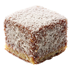 A piece of cake with powdered sugar on transparent background
