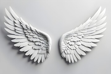 Exquisite white angel wings with detailed feathers in soft gray, set against a white backdrop, purity and serenity. Perfect for themes of spirituality, freedom and protection. generative ai