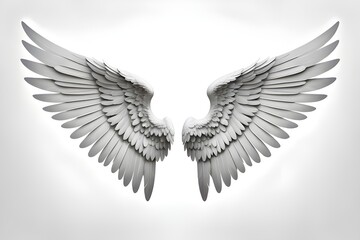 Exquisite white angel wings with detailed feathers in soft gray, set against a white backdrop, purity and serenity. Perfect for themes of spirituality, freedom and protection. generative ai