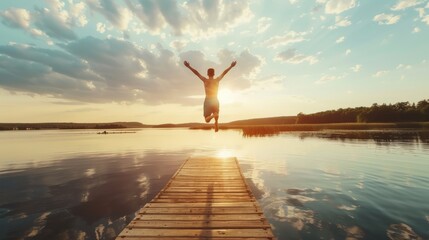 A joyful young man in mid-jump off a jetty, splashing into the cool waters of a lake, embracing the essence of a summer holiday.