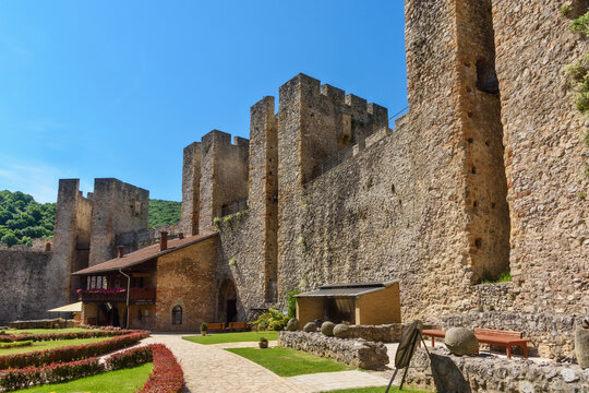 Despotovac, Serbia - May 2, 2024: Medieval buildings at Manasija monastery, Sumadija and Western Serbia. Monastery Manasija near Despotovac in Serbia,built in 15th century.
