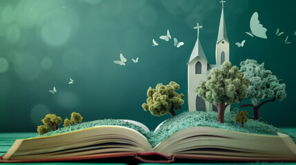 Catholic Church Paper Art. This vibrant image features a beautifully crafted Catholic church made entirely from layered paper art.