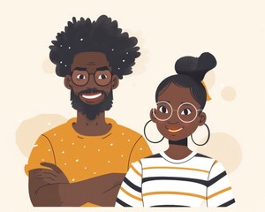 Illustration of a joyful couple displaying a strong connection and modern style with a nod to the 1960s era