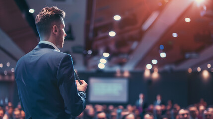 A businessman delivering a speech or presentation at a conference hall or auditorium, with the focus on the speaker and his interaction with the audience