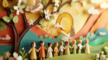 Catholic Religious Education Paper Art. This image depicts a beautifully crafted scene made from layered paper art, ideal for illustrating Catholic religious education.