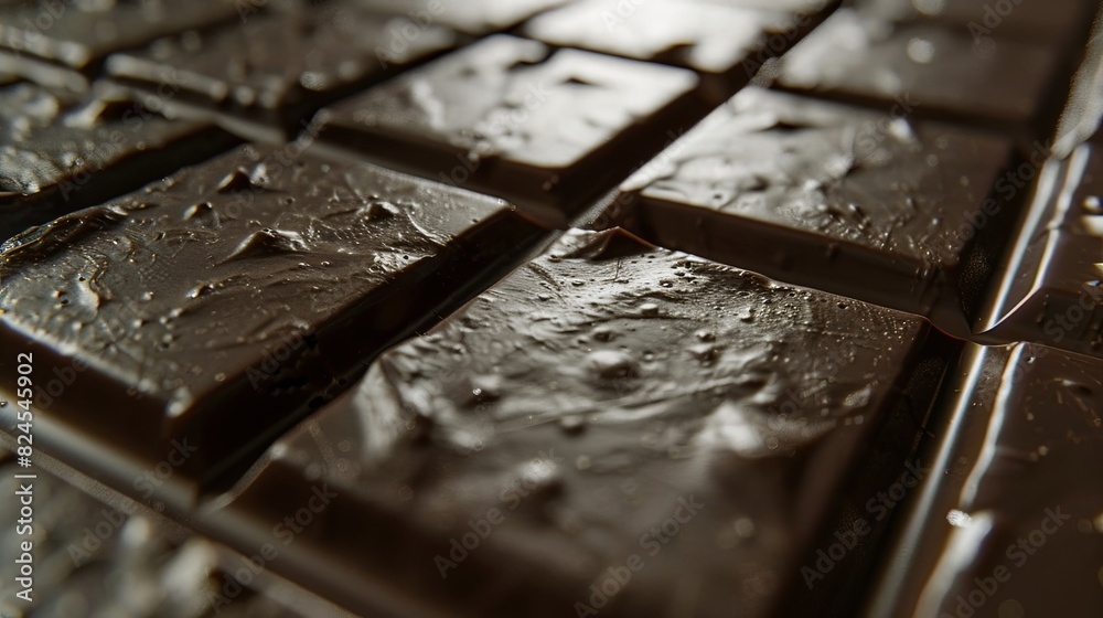 Poster Close-up of a dark chocolate bar with water droplets, showcasing break lines and a smooth, even surface. Generative AI