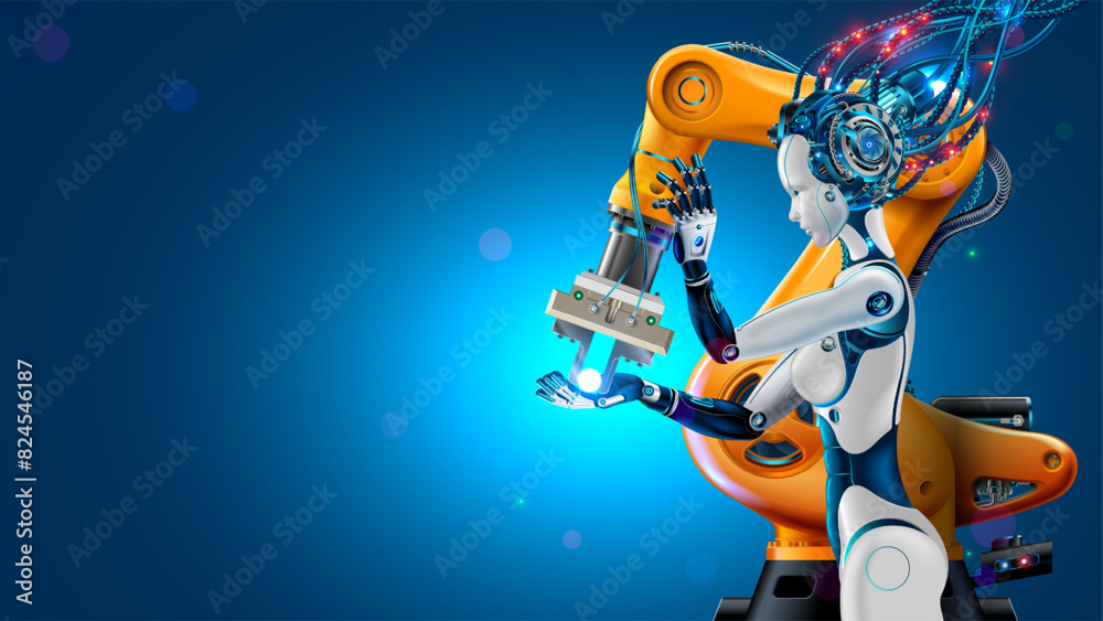 Fototapete Robot or bot with artificial intelligence or AI takes control of factory into their hands. Robot or cyborg woman with ai controls industrial manufacturing, robotic arm. Industry 4.0 revolution concept