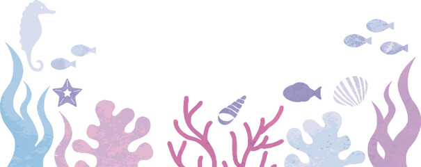 夏　海　シルエット　バナー　フレーム　飾り　あしらい　水彩　コピースペース　背景　イラスト素材