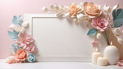There is a blank notecard on a podium against a pink background. The notecard is decorated with pink and cream colored flowers.


